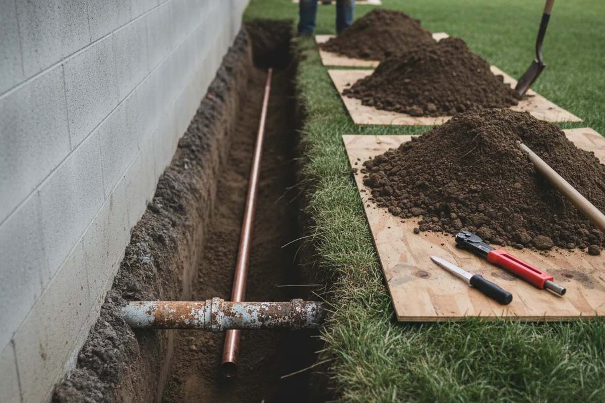 Excavated water line trench during Water Softener Installation in Lamar